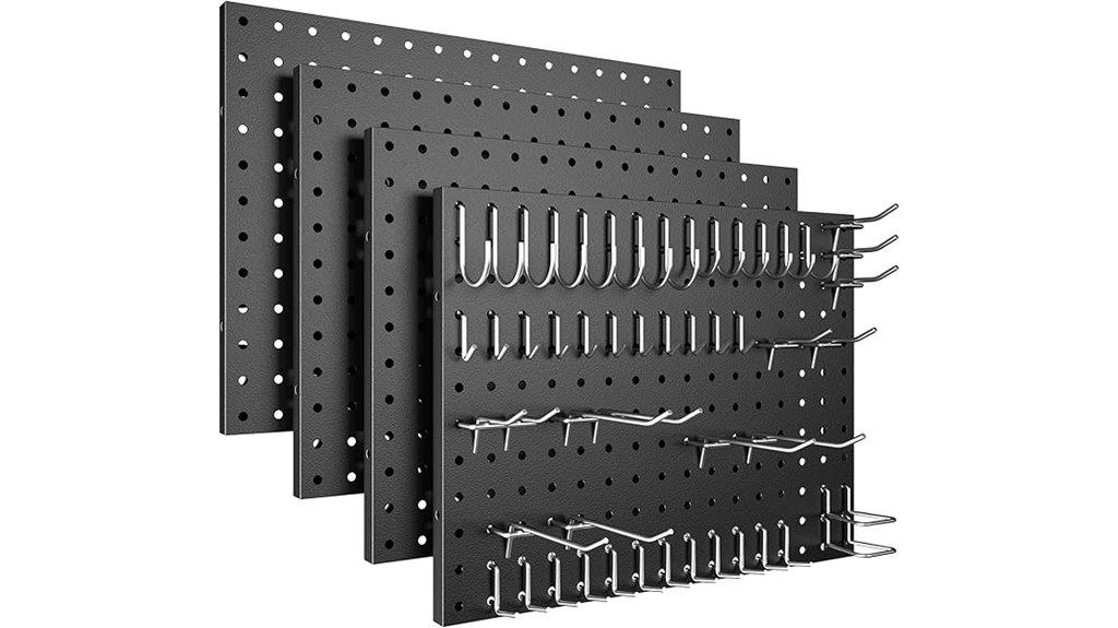 four metal pegboard panels