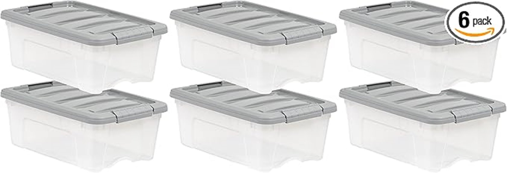six clear grey containers