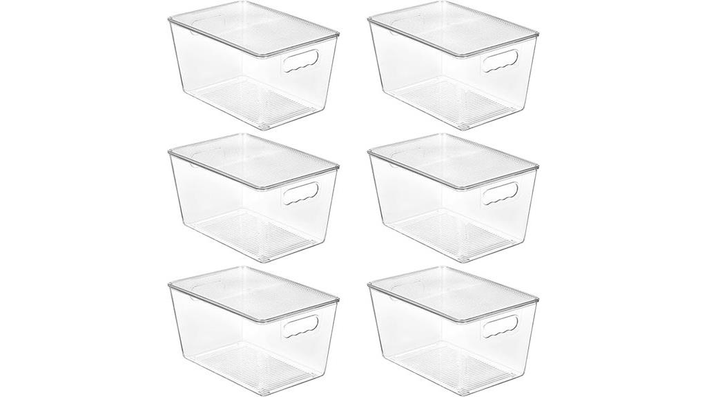 six clear stackable bins