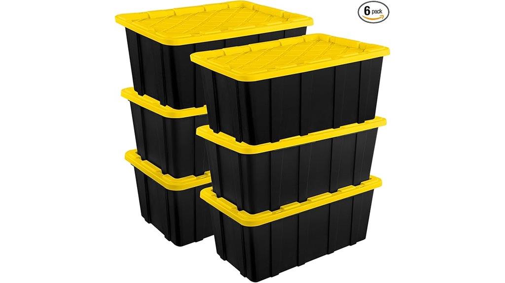 six industrial plastic totes