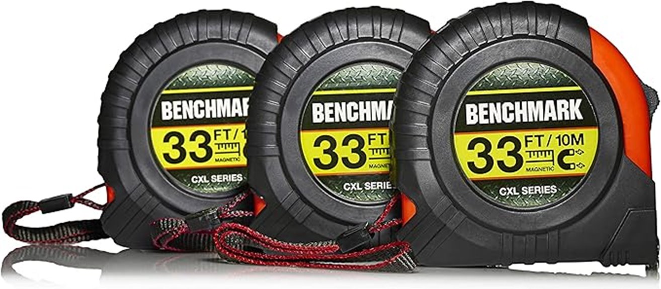 three pack 33 foot tape measures