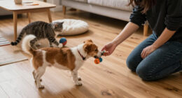 Owner asks dog to bring cat playing with kid back